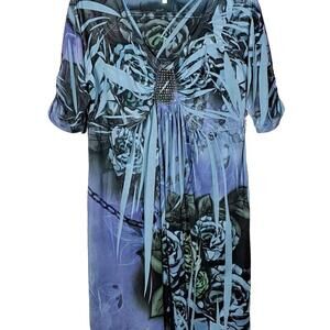 One World Live and Let Live Womens XL Short Sleeve Dress Blue Rhinestones Floral